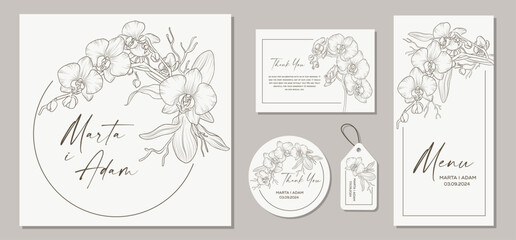Set of wedding invitation cards with flowers orchids and floral elements. Vector illustration.