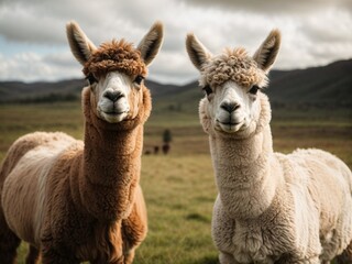 A close up of a two alpacas standing on a grassy field