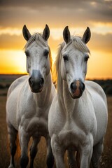Fototapeta premium Romantic Rustic Scenes: Twin White Horses at Sunset - Moonlit Seascapes