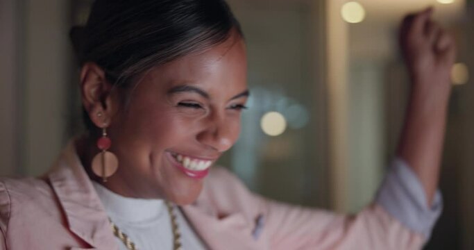 Night, computer and wow of business woman with promotion and winning news on email. Happy, motivation and female professional smile from sales profit and winner feedback from stock market growth