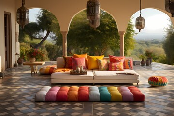 A veranda with a collection of vibrant floor cushions, creating a cozy and relaxed seating area to enjoy the peaceful surroundings.