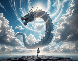 A man standing and looking at the sky and the magnificent dragon flying across the sky made of clouds. Generative AI - obrazy, fototapety, plakaty
