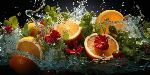 Fruits and veggies splashing into crystal-clear water! A vibrant burst of colors and freshness, like a joyful dance in a pool of health 