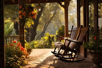 A veranda with a comfortable rocking chair, providing a soothing spot to relax and enjoy the gentle rhythm of nature.