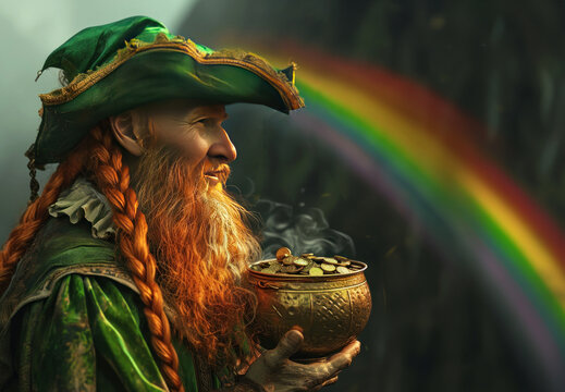 Leprechaun with a pot of gold and rainbow. St. Patrick's Day.