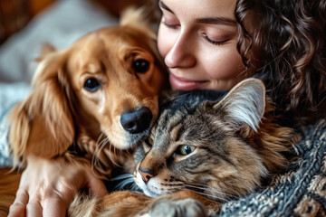 Obraz na płótnie Canvas Woman Cherishing Cat and Dog Companions