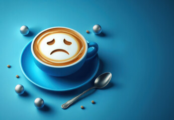 Blue Monday concept. Blue coffee cup with cappuccino coffee