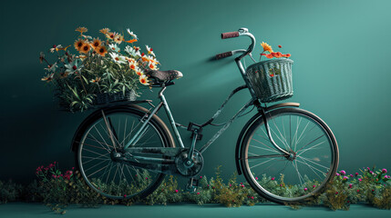 Bicycle With Beautiful Flower Basket on vintage background. World bicycle day