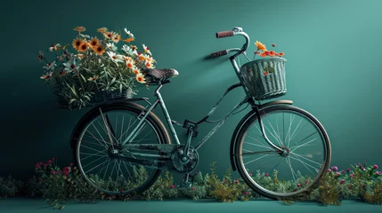 Fotobehang Fiets Bicycle With Beautiful Flower Basket on vintage background. World bicycle day