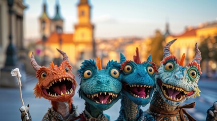 Funny dragon statues at the Dragon Parade in Prague, Czech Republic