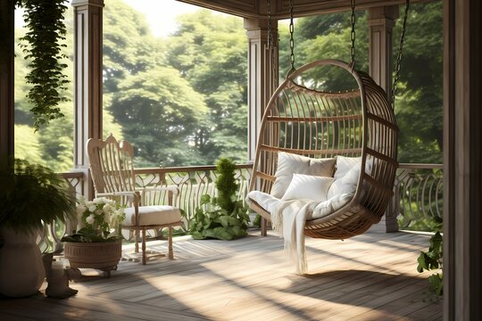 A veranda with a hanging chair, gently swaying in the breeze, providing a soothing space for relaxation.