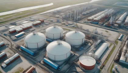 Aerial view oil terminal is industrial facility for storage tank of oil and petrochemical industry products ready for transport to further storage facilities.