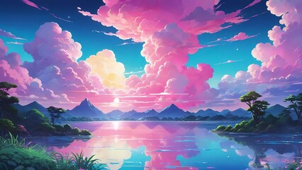 The image is a picturesque landscape depicting a calm reflective lake, surrounded by mountains and trees, under a pink and blue sky with soft, fluffy clouds, conveying an atmosphere of peace and seren