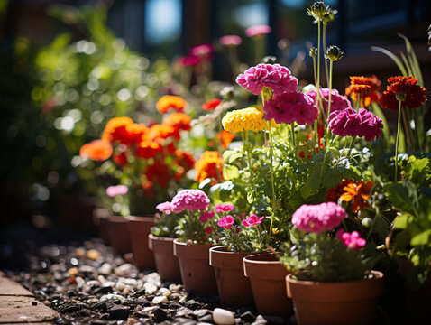 Colorful flowers bloom in pots beside a sunny, pebbled garden, casting shadows and highlighting textures under the sunlight.