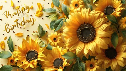 A sunflower-themed birthday with bright yellow flowers, petals, and sunflower-shaped decorations. simple cartoon happy birthday background with the inscription "happy birthday" on it