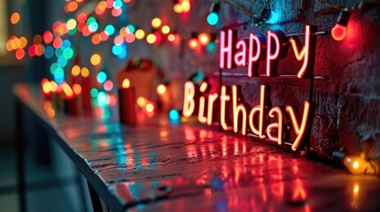 A modern and stylish design with neon lights spelling out "Happy Birthday" against a dark background. simple cartoon happy birthday background with the inscription "happy birthday" on it