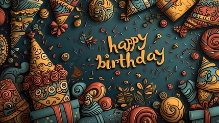 A playful illustration featuring doodles of birthday hats, cakes, and presents in a colorful, chaotic arrangement. simple cartoon happy birthday background with the inscription "happy birthday" on it
