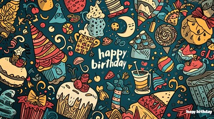 A playful illustration featuring doodles of birthday hats, cakes, and presents in a colorful, chaotic arrangement. simple cartoon happy birthday background with the inscription "happy birthday" on it