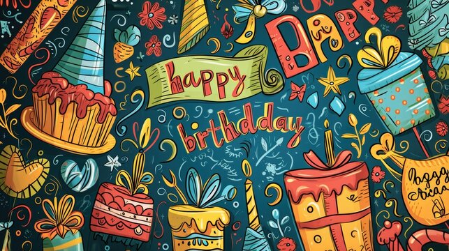 A playful illustration featuring doodles of birthday hats, cakes, and presents in a colorful, chaotic arrangement. simple cartoon happy birthday background with the inscription "happy birthday" on it