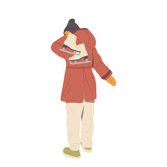 Back view of young woman cartoon character wearing warm clothes holding pair of ice racing skates