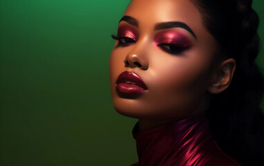 Black woman with burgundy red makeup on the green background. Burgundy lip gloss and eye shadow. Beautiful black woman with professional makeup closeup