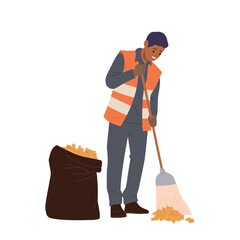 Yardman cartoon character wearing uniform using to sweep away fallen foliage with wooden broom