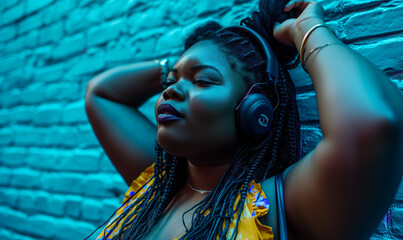 Inclusive and candid image of a young black African American plus size woman listening to music - obrazy, fototapety, plakaty