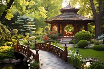 A veranda with a small wooden bridge, leading to a charming gazebo nestled amidst a beautiful garden.