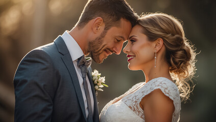 Portrait of a happy newlywed couple on the summer street