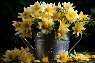 Bright yellow flowers fill a metallic watering can, placed on a surface with fallen petals, contrasting sharply with the dark background.