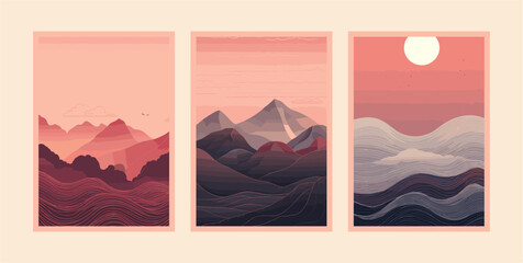 Set of Abstract mountain landscape posters. Minimal nature sun moon print design boho style, contemporary wall decor. Vector set - obrazy, fototapety, plakaty