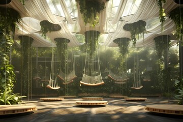 Aerial yoga studio suspended in a botanical garden, surrounded by greenery and natural light filtering through leaves