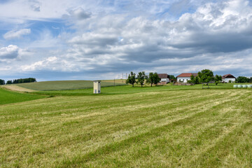 Mühlviertel, Oberösterreich, Hügelland, Landwirtschaft, Wiesen, Felder, Wiese, Feld, Acker, Wald, Baum, Bauernhaus, Bauernhäuser, Vierkanter, Hof, Vierkanthof, Tradition, Brauchtum, Sommer, Erntezeit,