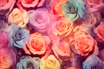 Multicolored roses background, assortment of romantic flowers, gift postcard greeting card background for Valentine's Day