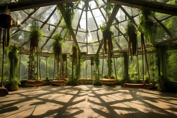Aerial yoga studio suspended in a botanical garden, surrounded by greenery and natural light filtering through leaves