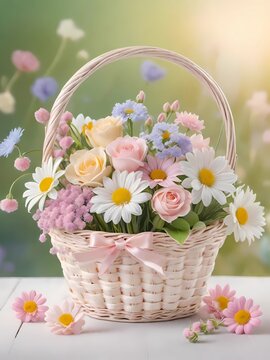 The image depicts a wicker basket filled with fresh, colorful flowers such as daisies and wildflowers, placed on a blue fabric with a soft, blurred background that evokes springtime.