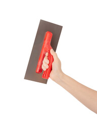Hand hold metallic trowel for plastering and mix or cement work isolated on transparent png background with clipping paths. Finishing Drywall Trowel stainless steel. Construction Tools.