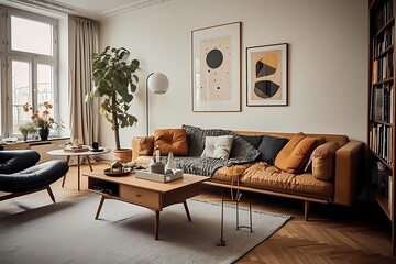 Artfully arranged mid-century Copenhagen living space with curated decor, statement pieces, and a timeless vibe
