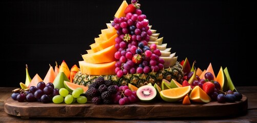 A vibrant mix of dragon fruit, star fruit, and grapes arranged in a pyramid on a rustic wooden board