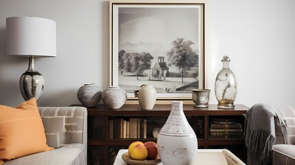Artfully arranged vignette in the living room, featuring classic wall art and decorative objects