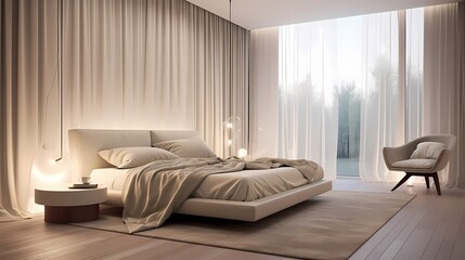 Bedroom retreat with a platform bed, sheer curtains, and a neutral color scheme for a calming ambiance