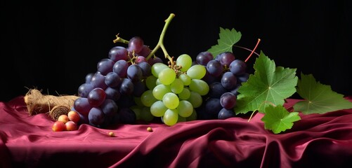 An elegant display of black grapes, green grapes, and red grapes on a pastel lavender cloth