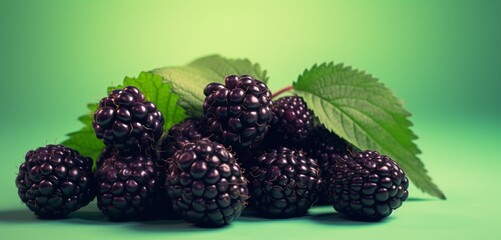 A bunch of boysenberries, side view, realistic with Agfa Vista 400 film effect, on a light green...