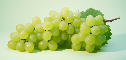 A bunch of fresh grapes, side-angle, realistic with Agfa Vista 400 film effect, on a light green...