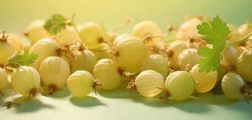 A cluster of gooseberries, side view, captured realistically in Agfa Vista 400 effect, against a...