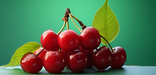 A cluster of ripe cherries, side view, realistic with Agfa Vista 400 effect, on a light green...