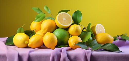 A collection of bright yellow lemons and dark green limes, artistically arranged on a pastel lavender cloth, highlighting their fresh, citrus textures