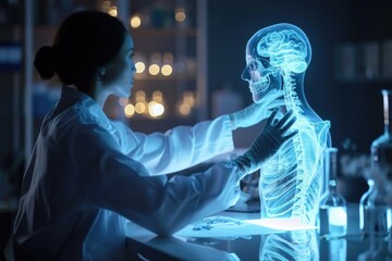Medicine with futuristic technology. Doctors collaborate with computers, and holograms materialize intricate medical data, symbolizing harmonious future of advanced healthcare digital integration. - obrazy, fototapety, plakaty