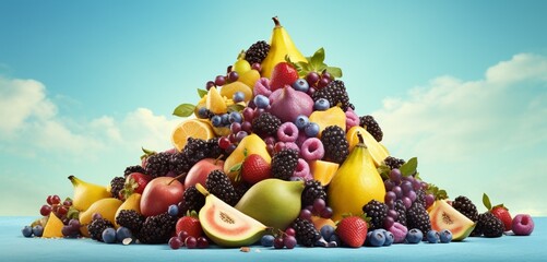Obraz na płótnie Canvas A delightful pyramid of acai berries, soursops, and jackfruits on a pastel sky blue cloth