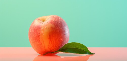 A single nectarine, side-angle, realistic in Agfa Vista 400 style, against a light green surface,...